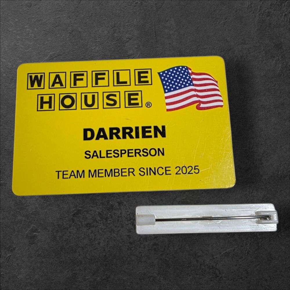 Waffle House Name Tag DARRIEN Yellow Logo Employee Badge Memorabilia Uniform Pin